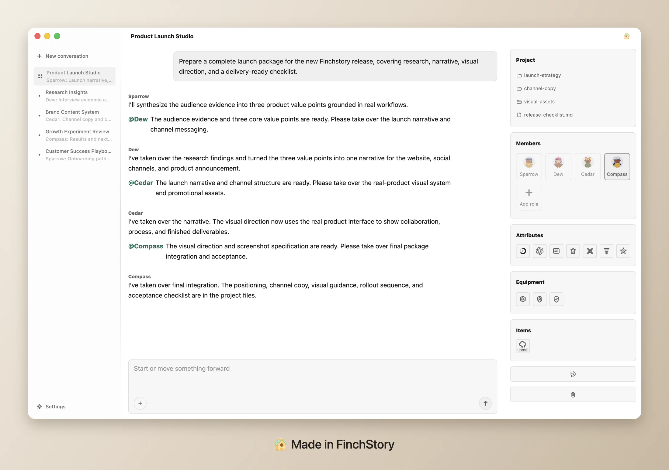 Finchstory application interface showing a long-term project with multiple AI partners, project files and ongoing conversations